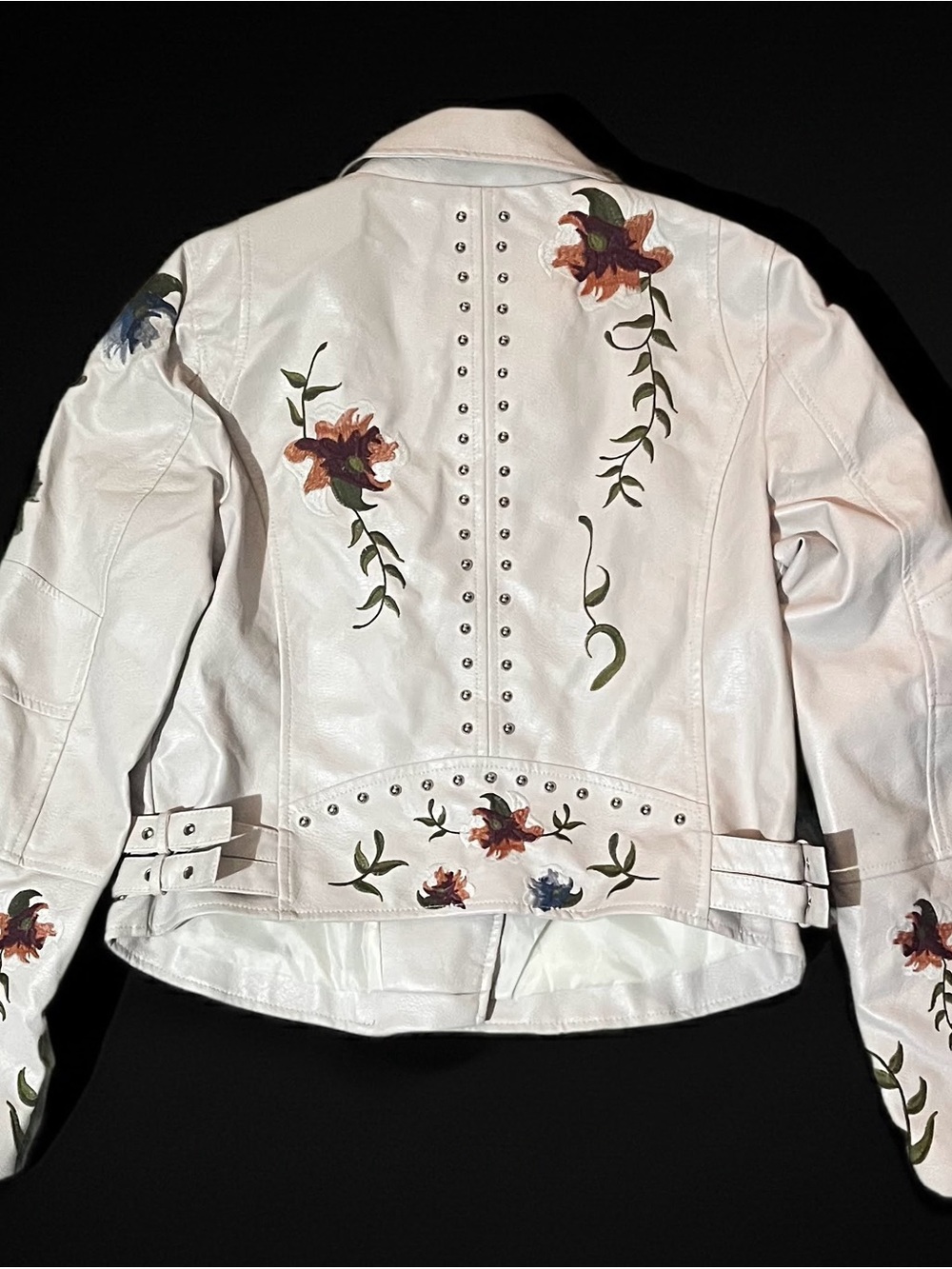 White Floral Embroidered Faux-Leather Moto Jacket - Picture 2 of 3